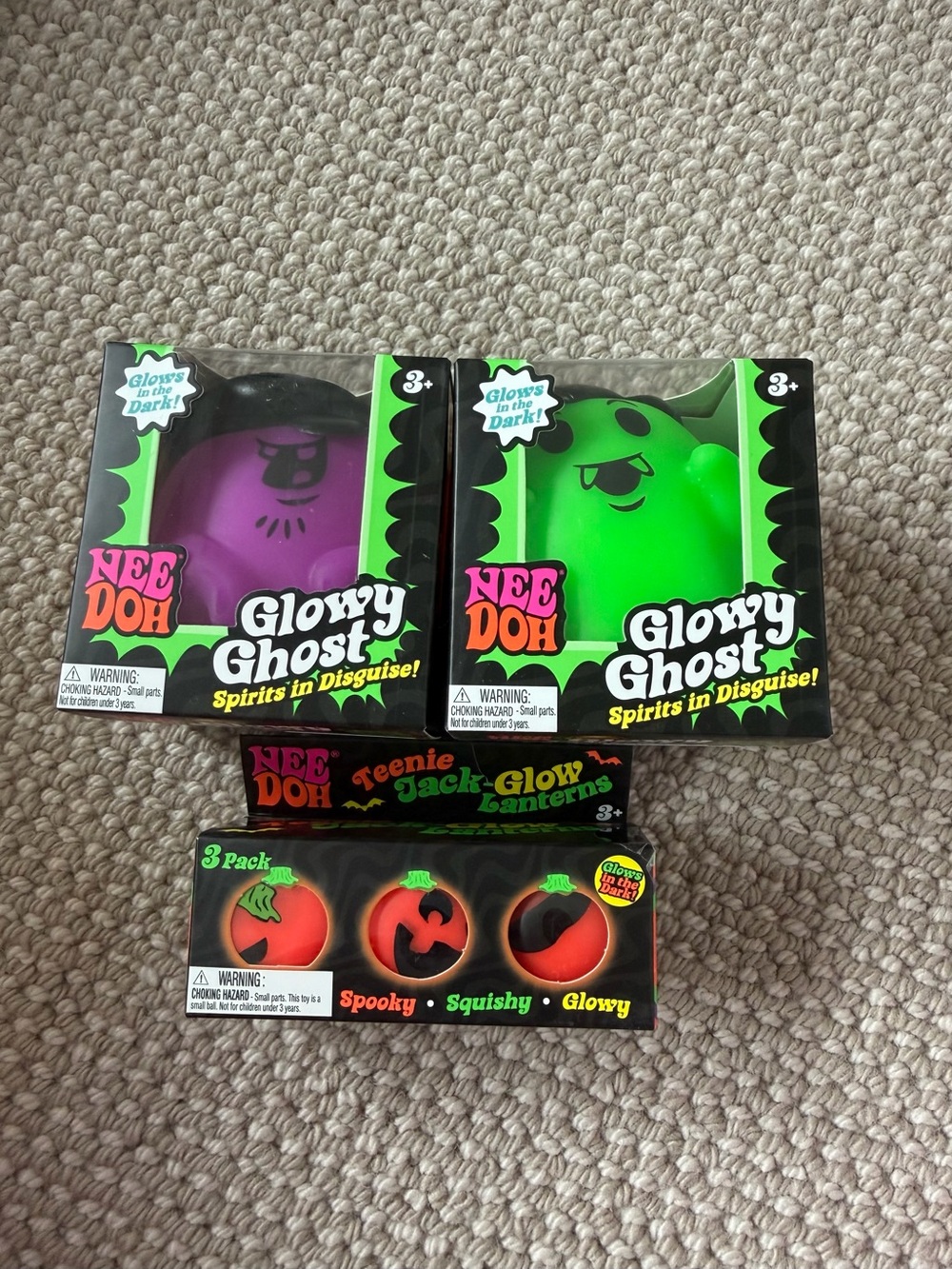 Nee Doh 2 Glowy Ghosts - Purple & Green Squishy Set and teenie Jack glow